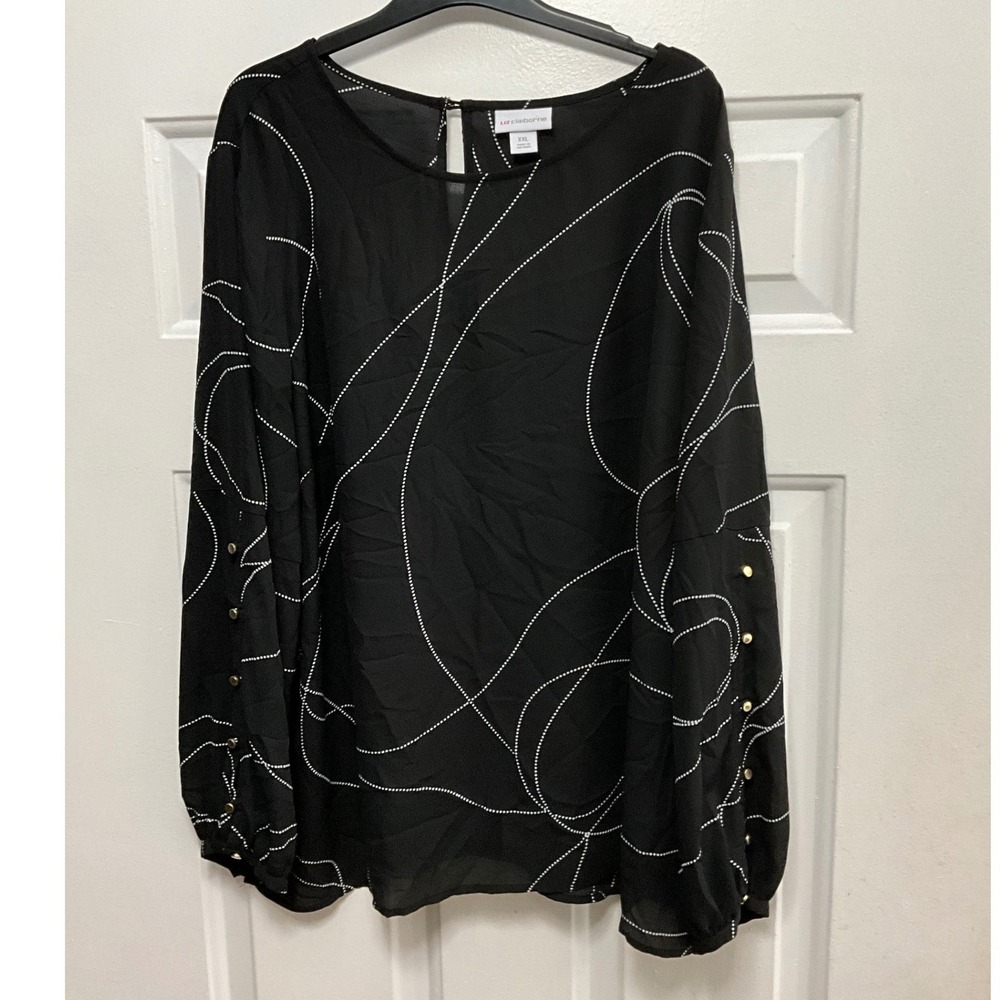 Liz Claiborne Womens XXL Black White Abstract Dotted Swirl Split Sleeve Blouse